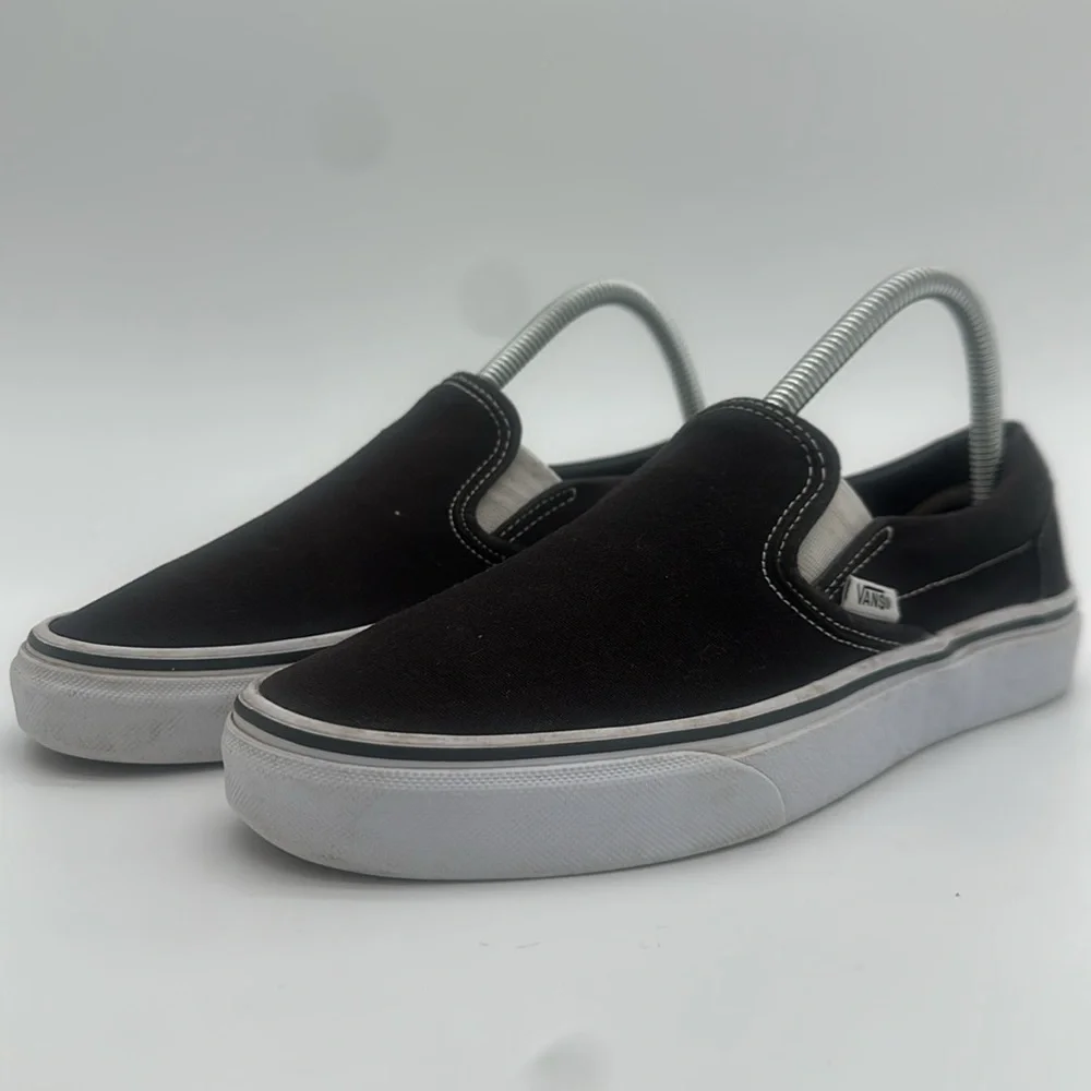 Vans Classic Canvas Slip On Black White Skate Sneaker Deck Shoes M 7.0 - W 8.5